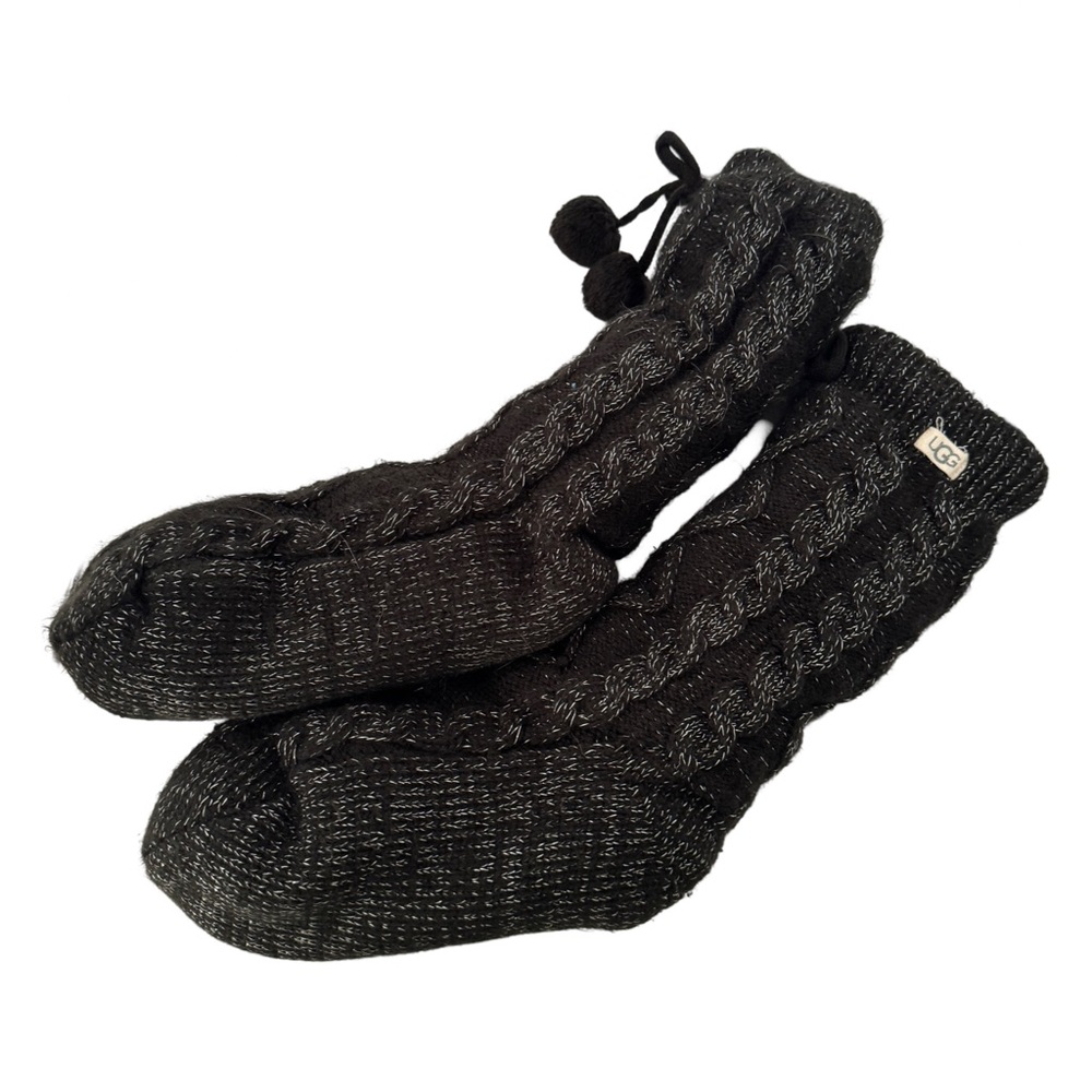 UGG Socks Womens One Size Black Gray Pom Pom Fleece Lined Crew Cozy Chunky Knit‎